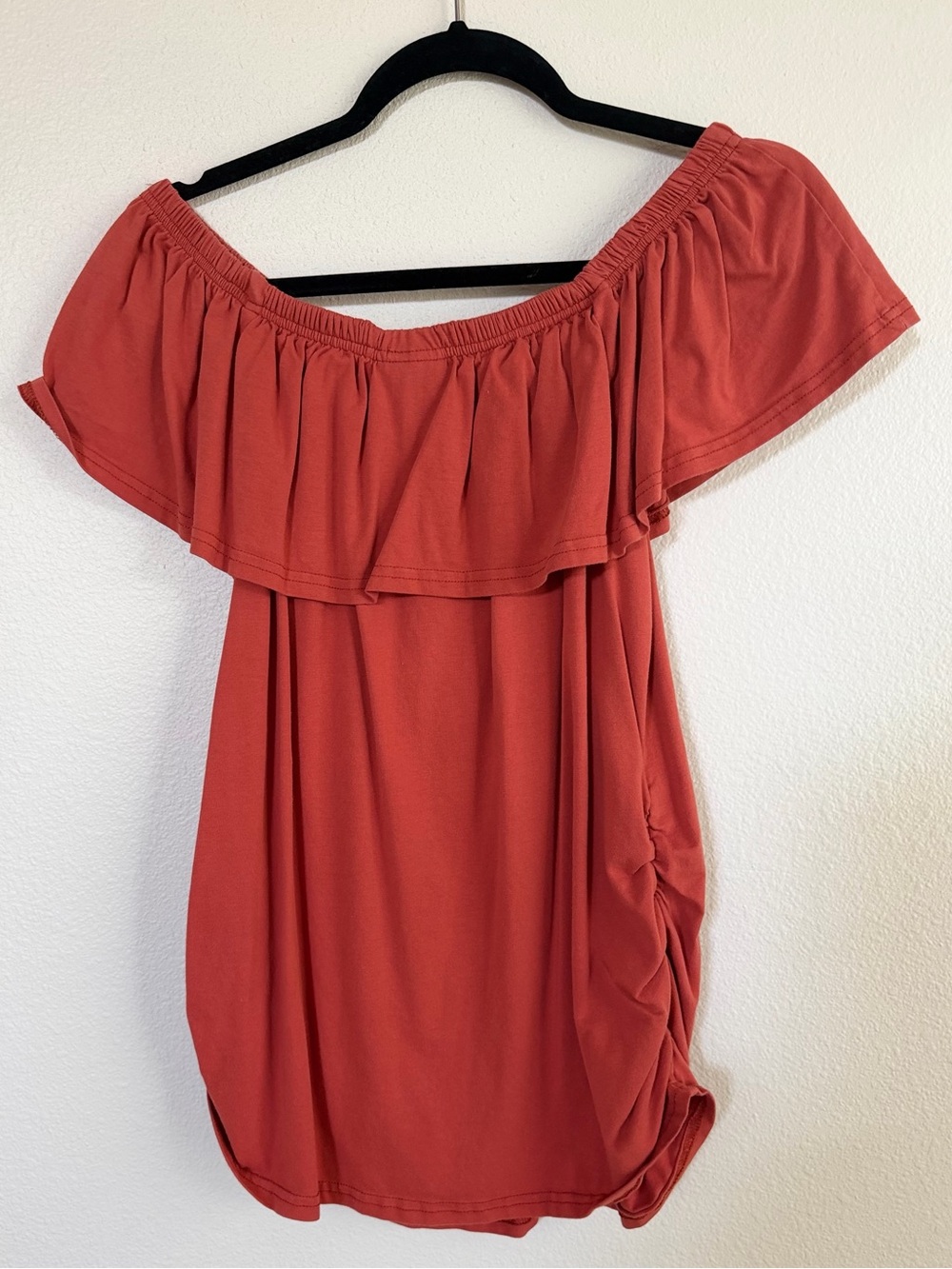 Off-Shoulder Maternity Ruffle Top in Terracotta